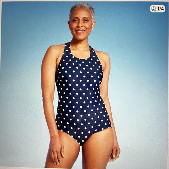 Lands' End Womens UPF 50+ Navy Blue Polka Dot One Piece Swimsuit Large (14/16) - Picture 1 of 10